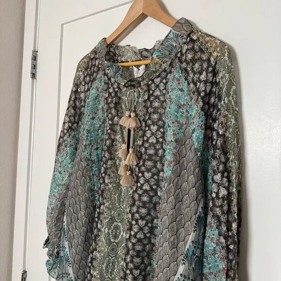 Rachel Zoe Lexi Peasant Top Sz 2 Stripe Print Long Sleeve Tassels Flowy Boho